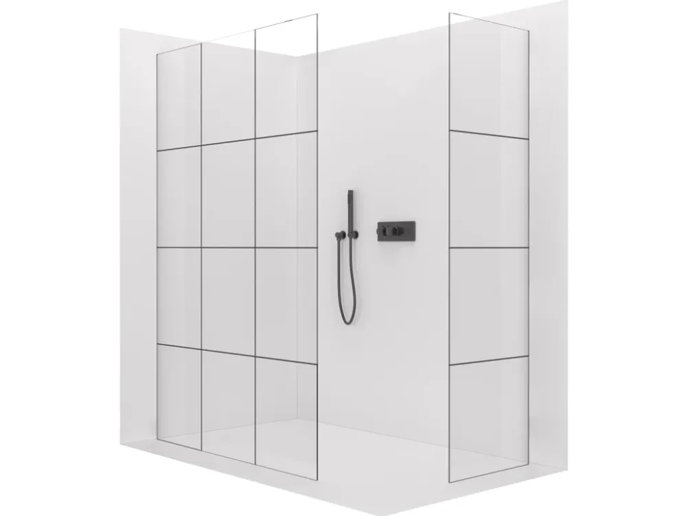 Akce CERANO - Sprchová zástěna Walk-in Crystal T L/P - 8 mm - bezvzpěrový systém - černá matná, industriální sklo- 150x90x200 cm