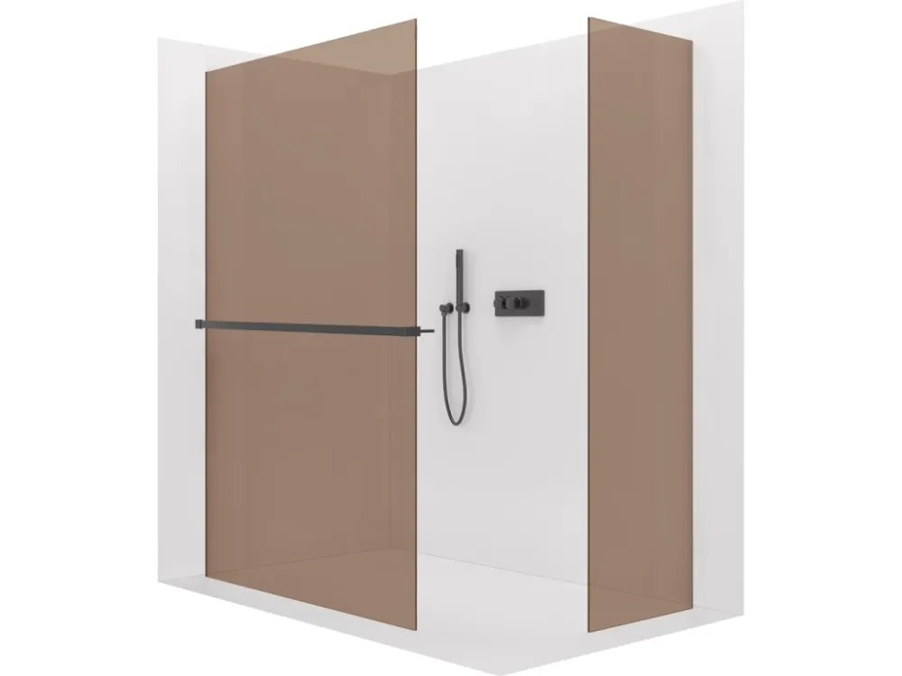 Značkový CERANO - Sprchová zástěna Walk-in Crystal T L/P - 8 mm - bezvzpěrový systém + polička/držák na ručníky - černá matná, bronzové sklo - 90x70x200 cm