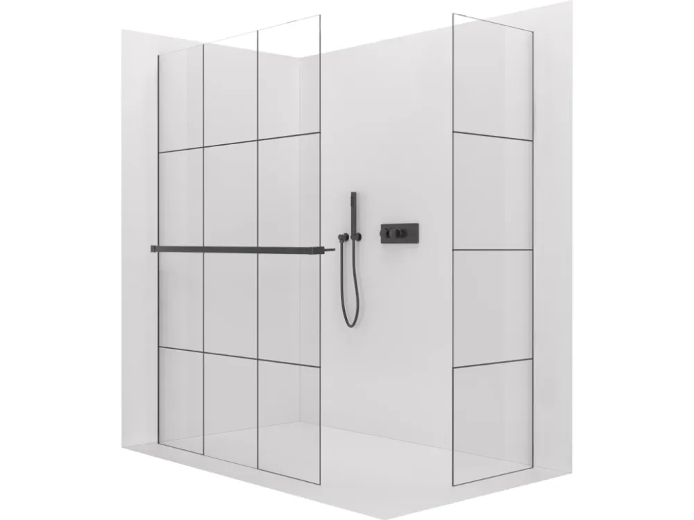 Akce CERANO - Sprchová zástěna Walk-in Crystal T L/P - 8 mm - bezvzpěrový systém + polička/držák na ručníky - černá matná, industriální sklo- 150x130x200 cm