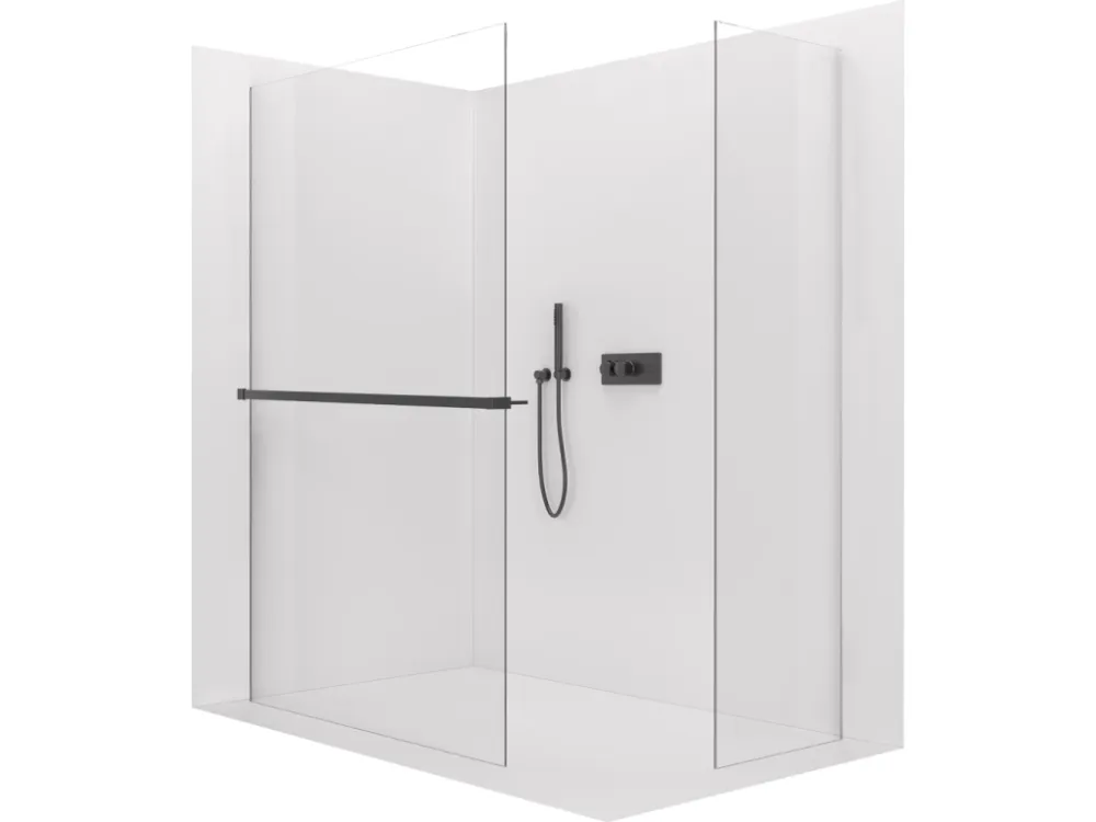 Akce CERANO - Sprchová zástěna Walk-in Crystal T L/P - 8 mm - bezvzpěrový systém + polička/držák na ručníky - černá matná, transparentní sklo - 110x70x200 cm