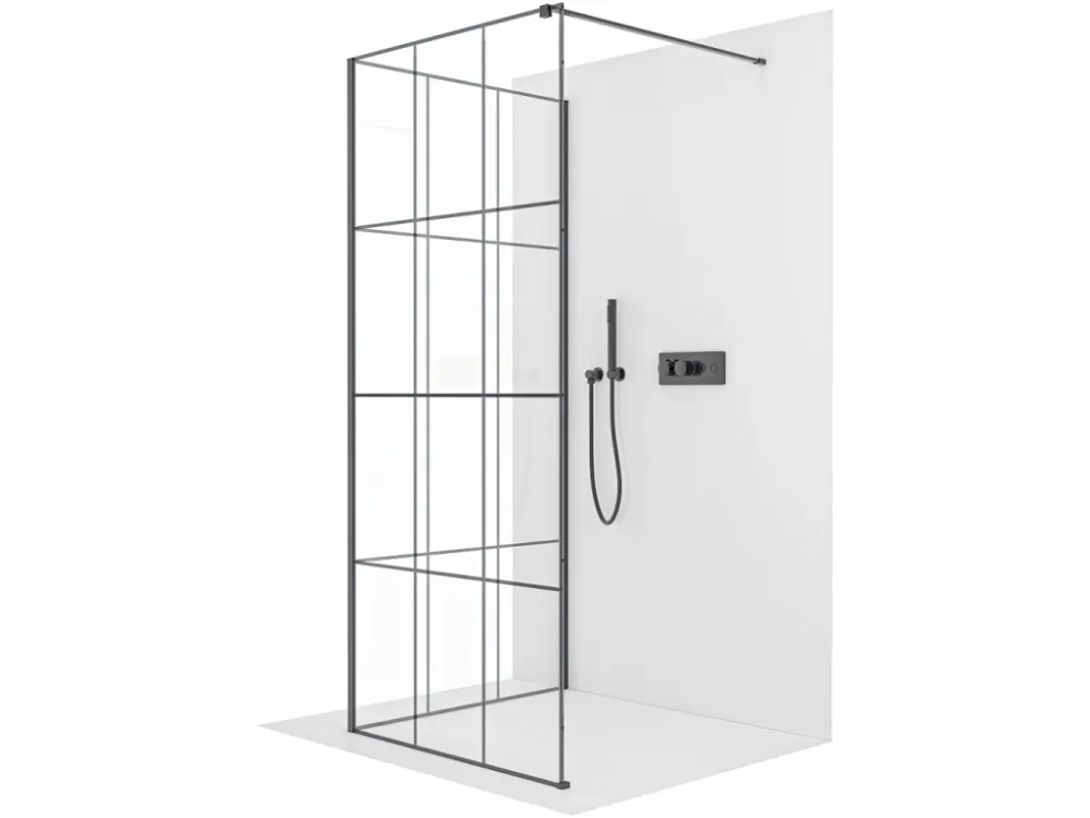 Akce CERANO - Sprchová zástěna Walk-in Onyx Corner Cube L/P - 8 mm - hranatá vzpěra - černá matná, industriální sklo - 110x100x200 cm