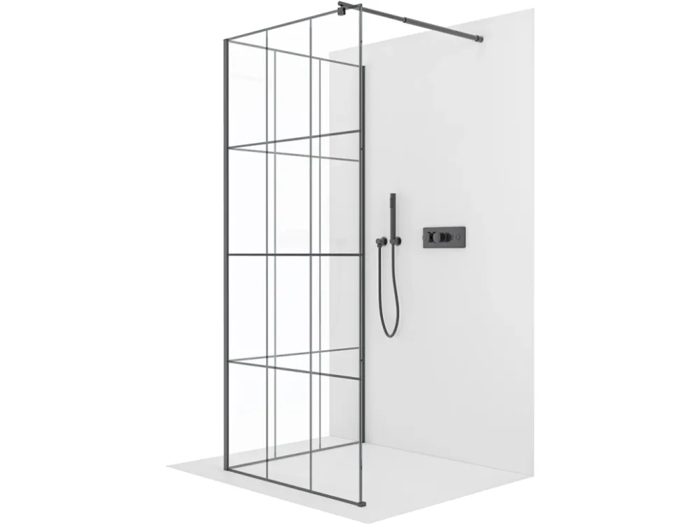 Značkový CERANO - Sprchová zástěna Walk-in Onyx Corner Round L/P - 8 mm - kulatá vzpěra - černá matná, industriální sklo - 140x130x200 cm