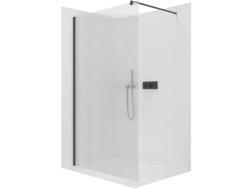 Značkový CERANO - Sprchová zástěna Walk-in Onyx Round L/P - 8 mm - kulatá vzpěra - černá matná, rýhované sklo - 150x200 cm