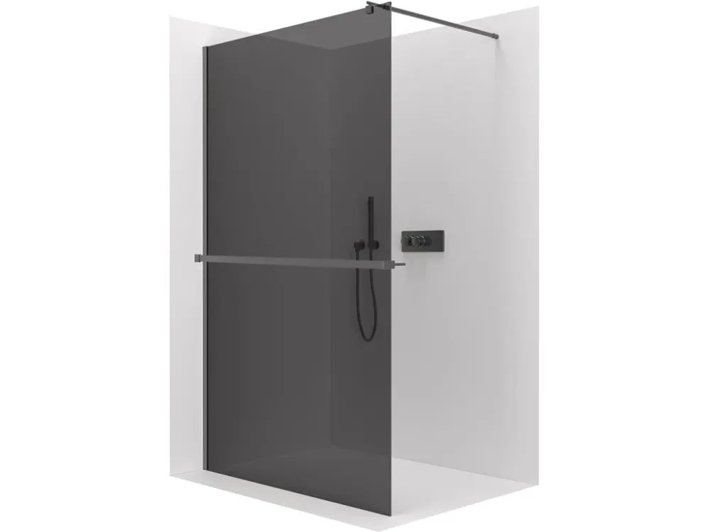 Akce CERANO - Sprchová zástěna Walk-in Onyx Round L/P - 8 mm + polička/držák na ručníky - kulatá vzpěra - černá matná, grafitové sklo - 140x200 cm