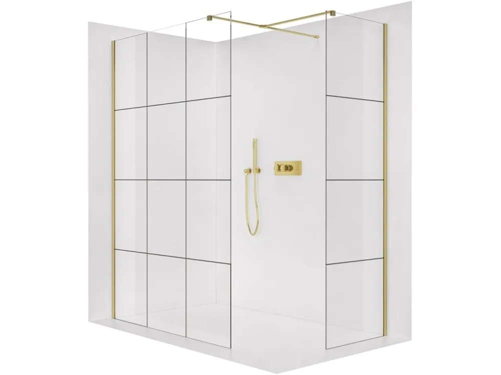 Značkový CERANO - Sprchová zástěna Walk-in Onyx T L/P - 8 mm - hranatá vzpěra - zlatá, industriální sklo - 160x140x200 cm