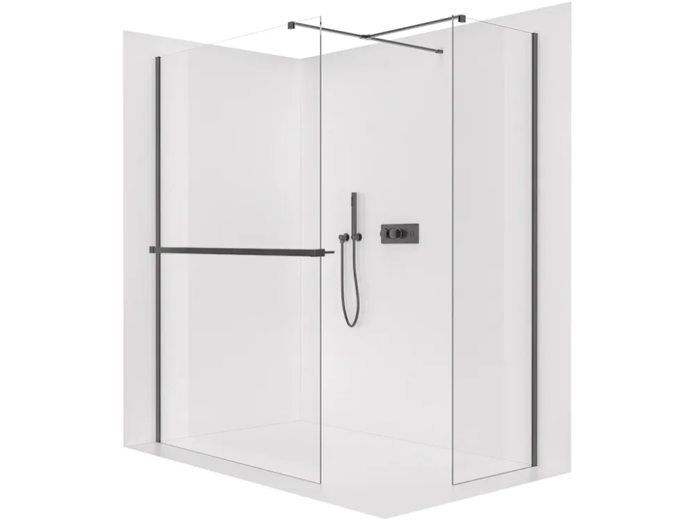 Akce CERANO - Sprchová zástěna Walk-in Onyx T L/P - 8 mm - hranatá vzpěra + polička/držák na ručníky - černá matná, transparentní sklo - 80x40x200 cm