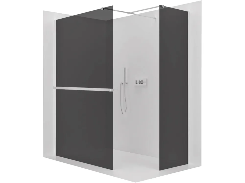 Značkový CERANO - Sprchová zástěna Walk-in Onyx T L/P - 8 mm - hranatá vzpěra + polička/držák na ručníky - chrom, grafitové sklo - 160x110x200 cm