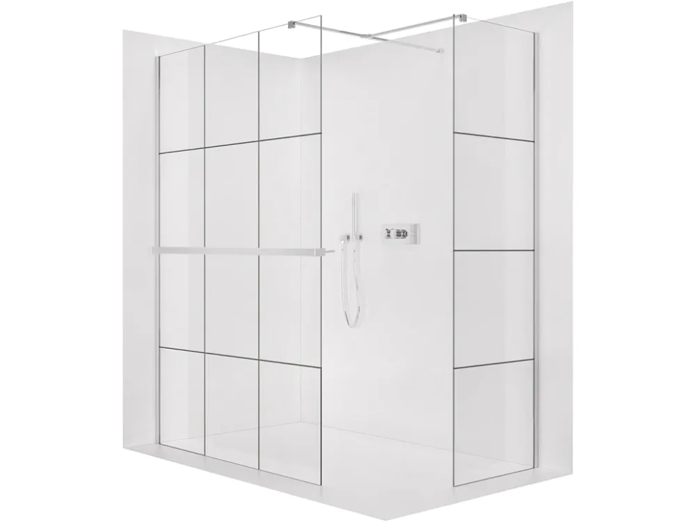 Akce CERANO - Sprchová zástěna Walk-in Onyx T L/P - 8 mm - hranatá vzpěra + polička/držák na ručníky - chrom, industriální sklo - 150x150x200 cm