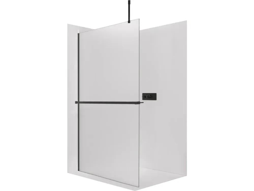Akce CERANO - Sprchová zástěna Walk-in Onyx Top Cube L/P - 8 mm - hranatá vzpěra + polička/držák na ručníky - černá matná, mléčné sklo - 110x200 cm