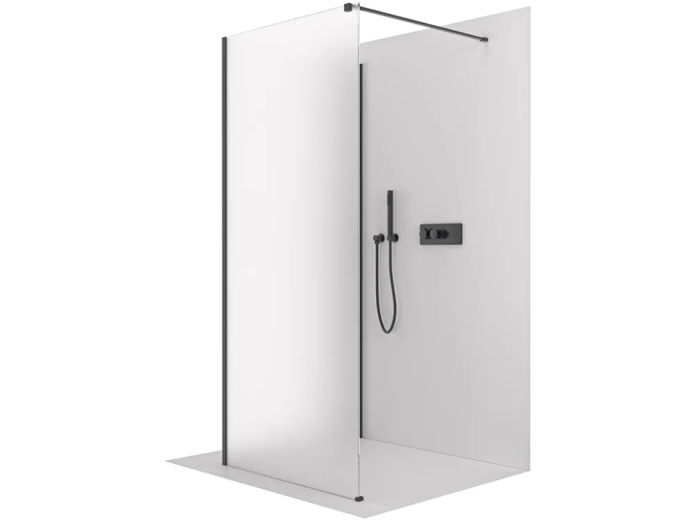 Značkový CERANO - Sprchová zástěna Walk-in Onyx Corner Cube L/P - 8 mm - hranatá vzpěra - černá matná, mléčné sklo - 150x140x200 cm