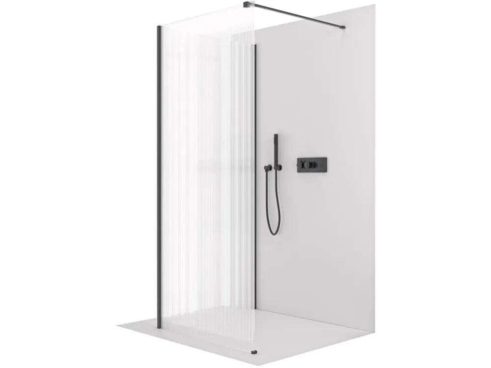 Značkový CERANO - Sprchová zástěna Walk-in Onyx Corner Cube L/P - 8 mm - hranatá vzpěra - černá matná, rýhované sklo - 130x90x200 cm