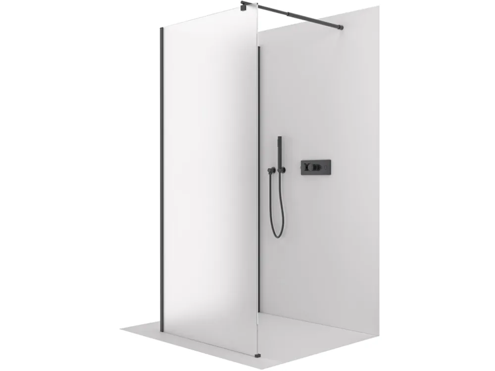 Značkový CERANO - Sprchová zástěna Walk-in Onyx Corner Round L/P - 8 mm - kulatá vzpěra - černá matná, mléčné sklo - 90x100x200 cm