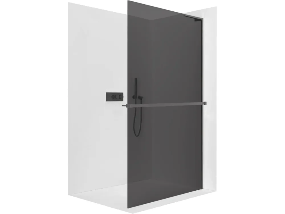 Akce CERANO - Sprchová zástěna Walk-in Onyx L-pravá vzpěra + polička/držák na ručníky - 8 mm - černá matná, grafitové sklo - 40x200 cm