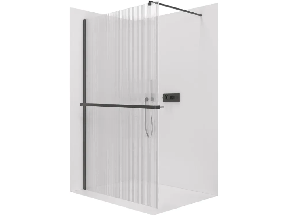 Akce CERANO - Sprchová zástěna Walk-in Onyx Round L/P - 8 mm + polička/držák na ručníky - kulatá vzpěra - černá matná, rýhované sklo - 160x200 cm