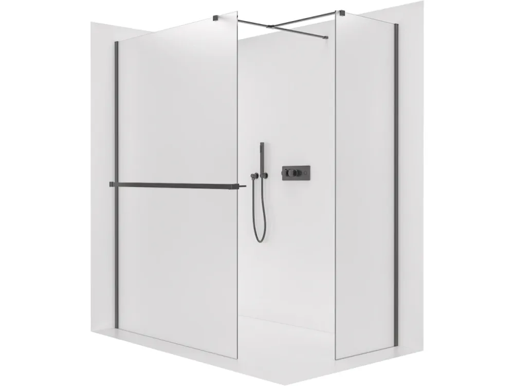 Značkový CERANO - Sprchová zástěna Walk-in Onyx T L/P - 8 mm - hranatá vzpěra + polička/držák na ručníky - černá matná, mléčné sklo - 100x80x200 cm