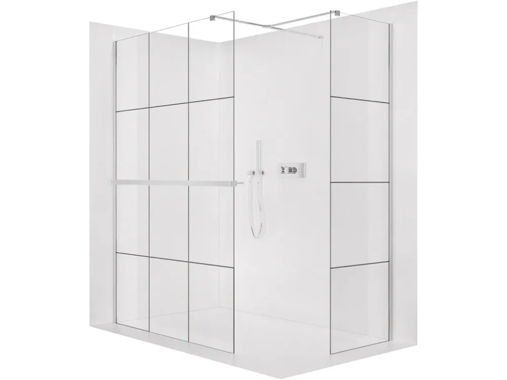 Akce CERANO - Sprchová zástěna Walk-in Onyx T L/P - 8 mm - hranatá vzpěra + polička/držák na ručníky - chrom, industriální sklo - 120x90x200 cm