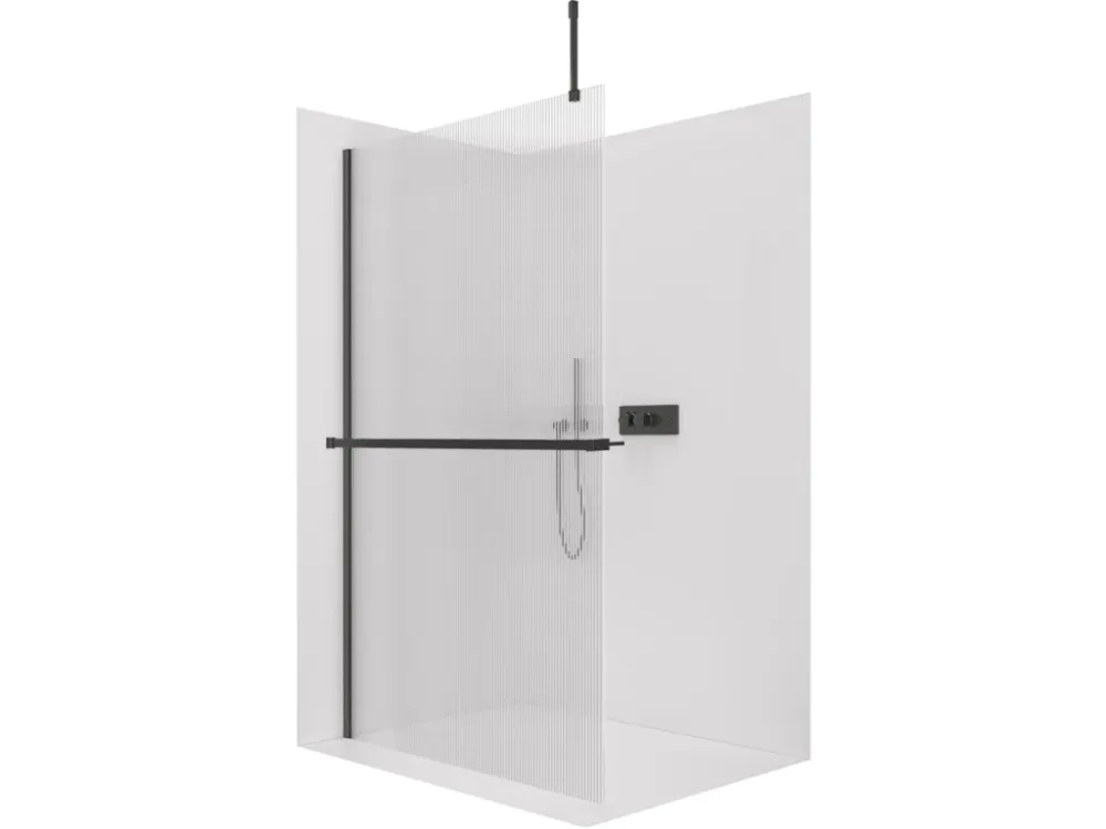 Značkový CERANO - Sprchová zástěna Walk-in Onyx Top Cube L/P - 8 mm - hranatá vzpěra + polička/držák na ručníky - černá matná, rýhované sklo - 130x200 cm