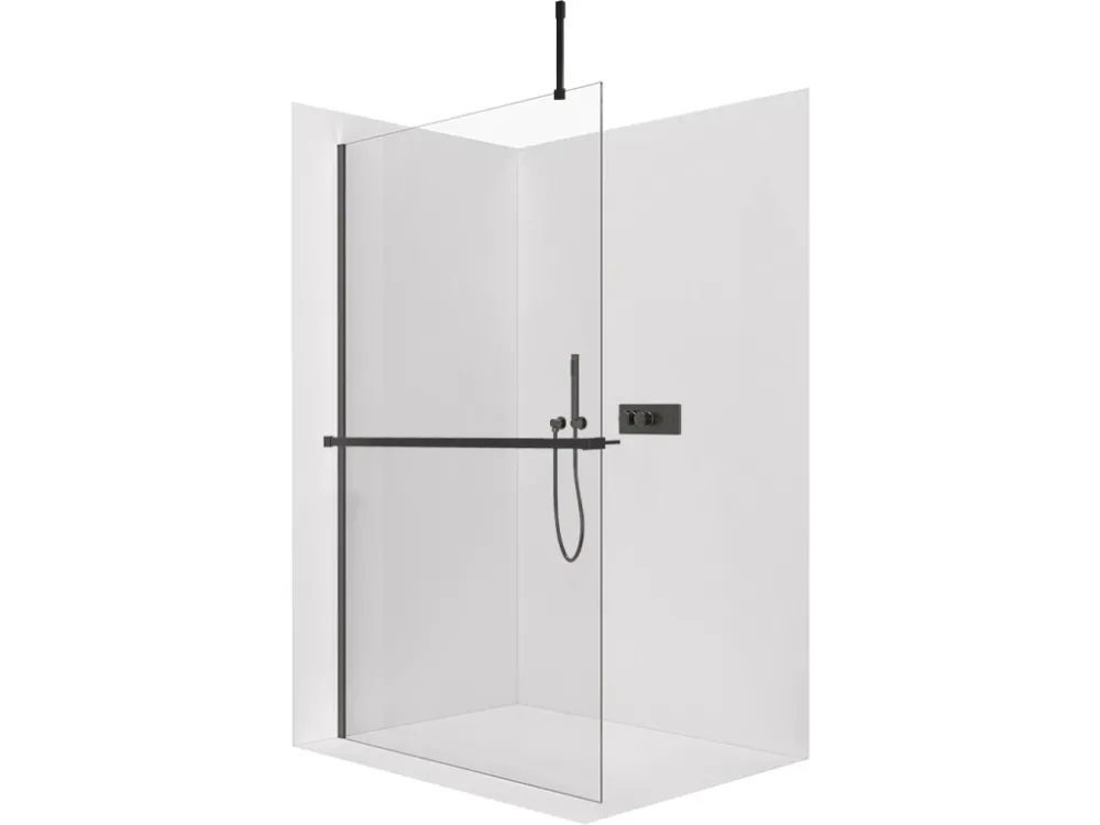 Značkový CERANO - Sprchová zástěna Walk-in Onyx Top Cube L/P - 8 mm - hranatá vzpěra + polička/držák na ručníky - černá matná, transparentní sklo - 120x200 cm