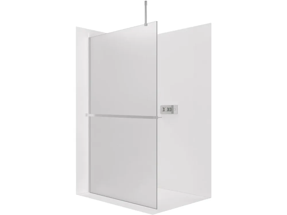 Značkový CERANO - Sprchová zástěna Walk-in Onyx Top Cube L/P - 8 mm - hranatá vzpěra + polička/držák na ručníky - chrom, mléčné sklo - 140x200 cm
